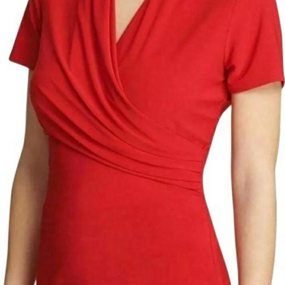 DKNY Red Ruched V Neck Blouse